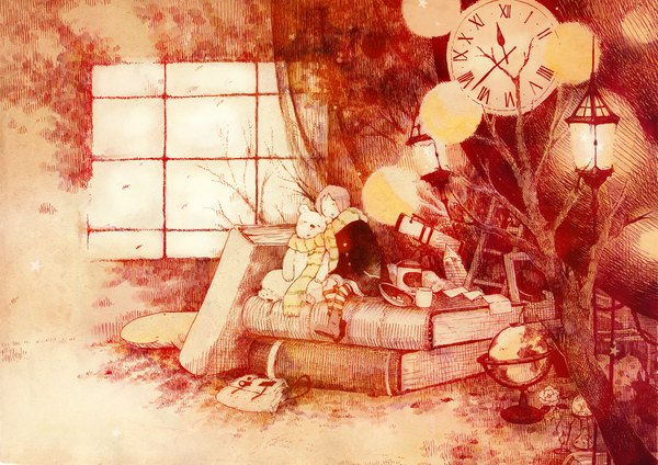 Anime picture 1169x827 with kuzira kirara short hair sleeping boy plant (plants) animal tree (trees) window scarf rose (roses) book (books) bag clock coat cup paper lamp whale globe telescope