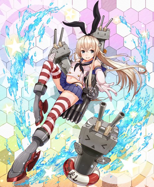 Anime picture 1200x1455 with kantai collection shimakaze destroyer rensouhou-chan kt. (kaisou-notagui) long hair tall image blush open mouth light erotic blonde hair smile bare shoulders holding teeth bare belly midriff outstretched arm outstretched hand > < girl