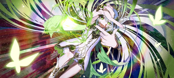 Anime picture 6368x2880 with genshin impact nahida (genshin impact) erng.h single fringe highres hair between eyes wide image green eyes absurdres white hair very long hair nail polish fingernails arms up girl dress bracelet white dress insect
