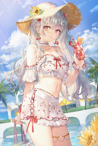 Anime picture 1300x1932 with original hiyori (momoko) momoko (momopoco) single long hair tall image looking at viewer blush fringe breasts hair between eyes standing twintails bare shoulders holding payot sky cleavage silver hair cloud (clouds)
