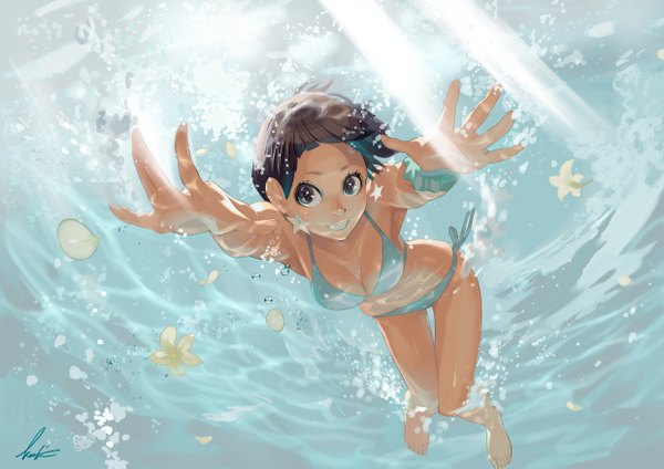 Anime picture 2480x1754 with original temoshi (artist) single highres short hair smile brown hair purple eyes signed underwater swimming girl flower (flowers) swimsuit bikini water star (symbol) bubble (bubbles)