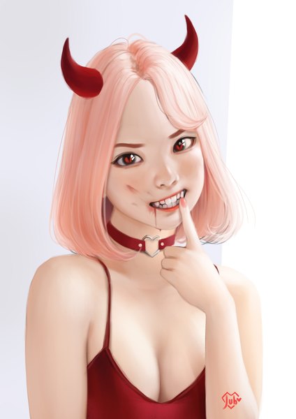 Anime picture 2480x3508 with original laras (jubi) jubi (regiana) single tall image looking at viewer highres short hair breasts light erotic simple background smile red eyes white background bare shoulders signed pink hair cleavage nail polish head tilt