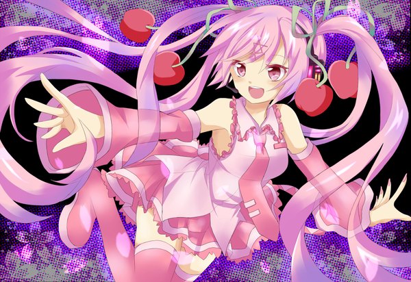 Anime picture 2034x1400 with vocaloid hatsune miku sakura miku jellylily (artist) single long hair blush highres open mouth twintails bare shoulders pink hair pink eyes girl thighhighs detached sleeves necktie food headphones berry (berries)