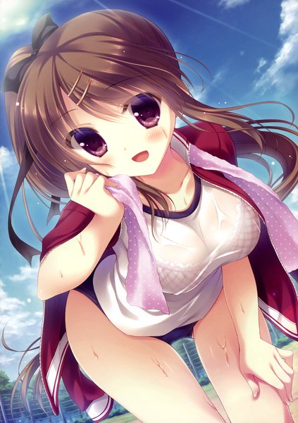 Anime picture 2538x3600 with yukie (peach candy) single long hair tall image looking at viewer highres breasts light erotic brown hair purple eyes sky cloud (clouds) scan girl uniform bow hair bow gym uniform