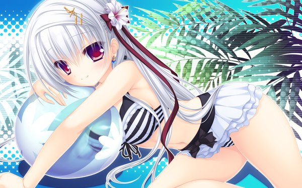 Anime picture 2560x1600 with justy nasty whirlpool (studio) onose mana mikagami mamizu single long hair looking at viewer blush highres smile red eyes wide image bare shoulders game cg white hair hair flower bare belly girl skirt navel