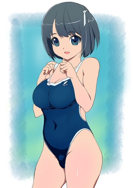 Anime picture 1000x1412 with original kawasaki kazuhiko single tall image short hair breasts open mouth light erotic black hair large breasts aqua eyes one side up girl swimsuit one-piece swimsuit school swimsuit