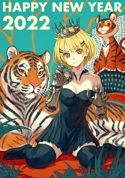 Anime picture 1768x2500 with original kusano shinta single tall image looking at viewer highres short hair blonde hair red eyes sitting wariza symbol-shaped pupils new year + + happy new year 2022 girl thighhighs dress black thighhighs