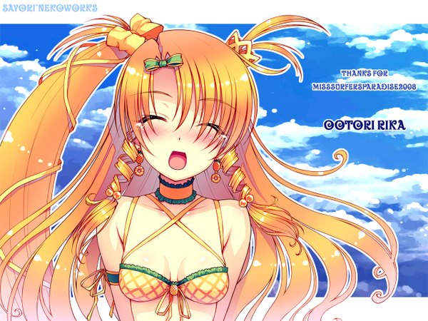 Anime picture 1280x960 with original ootari rika sayori single long hair open mouth blonde hair smile bare shoulders sky cleavage cloud (clouds) eyes closed happy hands behind back girl hair ornament ribbon (ribbons) swimsuit hair ribbon