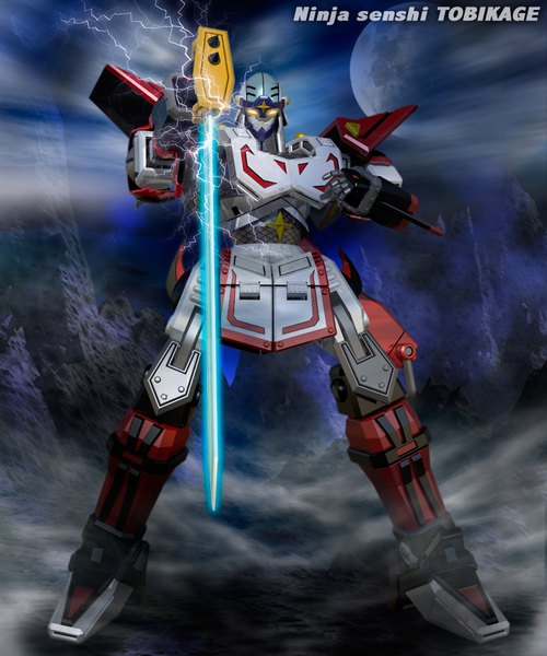 Anime picture 833x1000 with ninja senshi tobikage tobikage mosa (studio sa) single tall image standing holding full body outdoors night night sky copyright name mountain no people fighting stance lightning weapon armor moon huge weapon