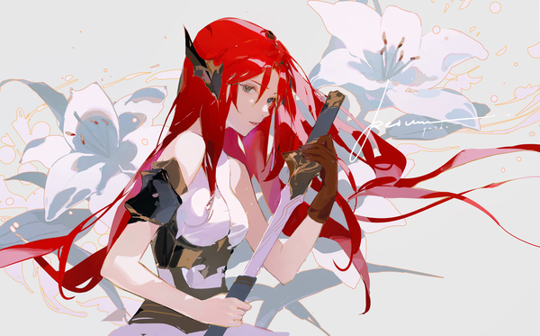 Anime picture 1932x1200 with original yueko (jiayue wu) single long hair highres wide image brown eyes signed upper body red hair floral background unsheathing girl gloves sheath
