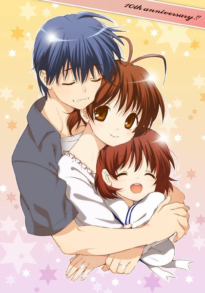 Anime picture 700x1000 with clannad key (studio) furukawa nagisa okazaki ushio okazaki tomoya yukimitsuki tall image blush short hair smile brown hair multiple girls brown eyes blue hair ahoge eyes closed hug family girl boy