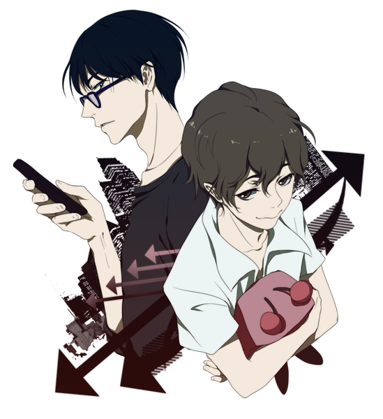 Anime picture 1280x1398 with zankyou no terror mappa twelve nine nipuni tall image fringe short hair open mouth black hair smile brown hair holding ahoge profile from above multiple boys city cityscape boy