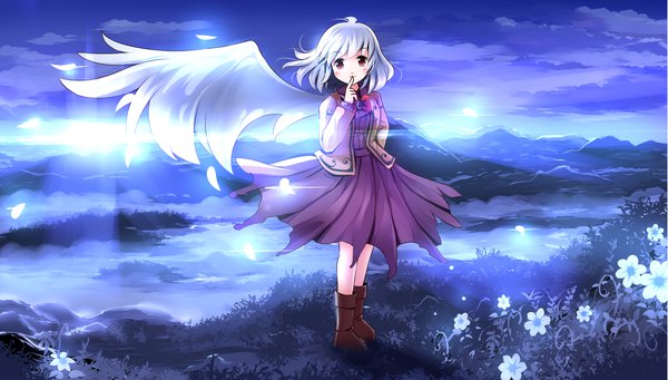 Anime picture 2205x1254 with touhou kishin sagume risutaru single looking at viewer blush fringe highres short hair red eyes wide image standing sky silver hair cloud (clouds) full body outdoors wind sunlight finger to mouth