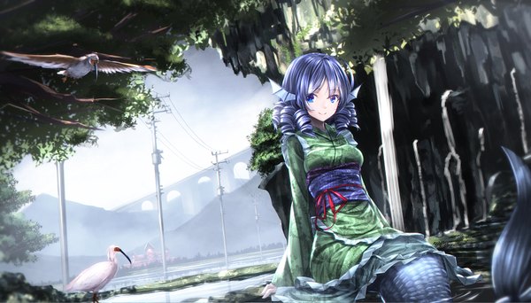 Anime picture 1754x1000 with touhou wakasagihime ryosios single long hair highres blue eyes smile wide image sitting animal ears blue hair traditional clothes japanese clothes drill hair scenic girl plant (plants) animal tree (trees)