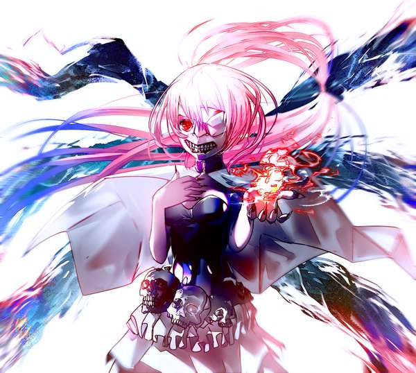 Anime picture 1364x1224 with original ajahweea single long hair fringe breasts red eyes standing pink hair ponytail nail polish fingernails hand on chest long fingernails girl dress cape eyepatch fire skull