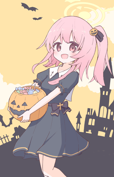Anime picture 1260x1947 with blue archive serina (blue archive) mikeneko (mikene koko) single tall image short hair open mouth holding looking away pink hair :d pink eyes one side up halloween girl hair ornament animal food sweets halo