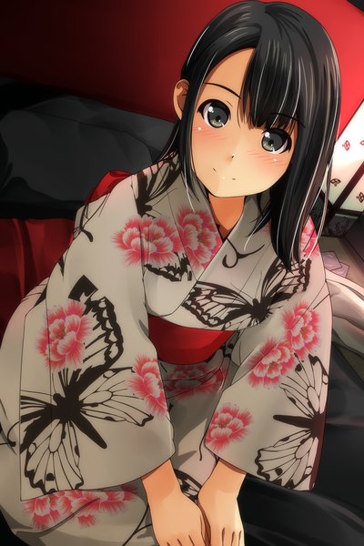 Anime picture 800x1200 with original matsunaga kouyou single long hair tall image looking at viewer blush black hair traditional clothes japanese clothes from above black eyes animal print butterfly print girl obi yukata
