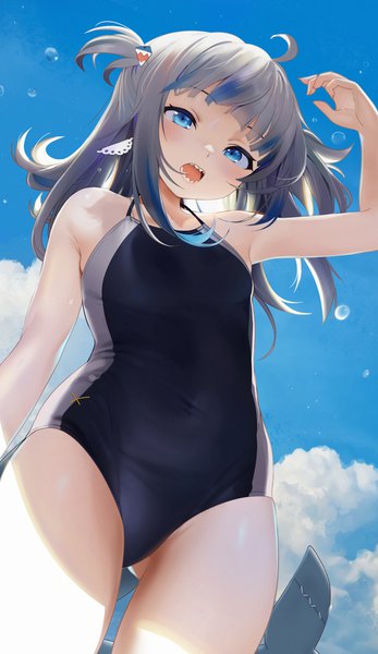 Anime picture 1184x2048 with virtual youtuber hololive hololive english gawr gura seicoh single long hair tall image looking at viewer blush fringe blue eyes light erotic standing sky silver hair cloud (clouds) ahoge outdoors tail