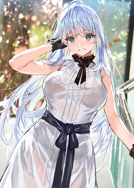 Anime picture 1141x1600 with original ranou single long hair tall image looking at viewer blush fringe breasts blue eyes light erotic smile large breasts standing bare shoulders silver hair parted lips arm up sleeveless arm behind head