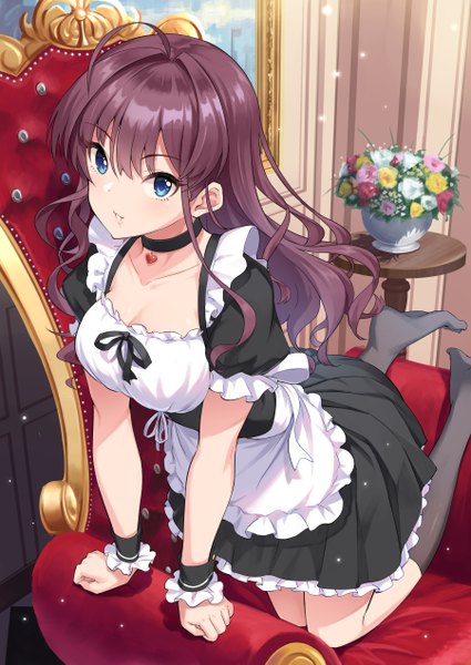 Anime picture 900x1271 with idolmaster idolmaster cinderella girls ichinose shiki tamakaga single long hair tall image looking at viewer blush fringe breasts blue eyes smile hair between eyes brown hair cleavage ahoge indoors parted lips arm support