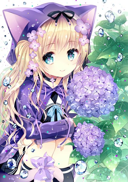 Anime picture 600x847 with original wasabi (sekai) single long hair tall image fringe blue eyes blonde hair smile sitting twintails animal ears bent knee (knees) cat ears open clothes open jacket symbol-shaped pupils rain squat summer
