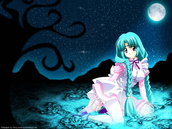 Anime picture 1600x1200 with lost universe canal volphied wave ride single long hair looking at viewer purple eyes signed full body braid (braids) aqua hair night night sky twin braids kneeling sleeves past wrists third-party edit girl moon full moon