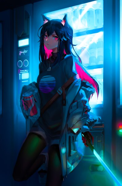 Anime picture 4000x6062 with arknights texas (arknights) xiaofengliuxing ramz single long hair tall image looking at viewer fringe highres black hair hair between eyes standing holding animal ears pink hair absurdres bent knee (knees) pink eyes multicolored hair