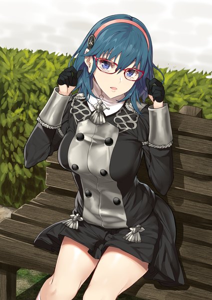 Anime picture 850x1200 with fire emblem fire emblem: three houses nintendo byleth (fire emblem) byleth (female) (fire emblem) yappen single long hair tall image looking at viewer blush fringe breasts open mouth blue eyes simple background hair between eyes sitting blue hair outdoors
