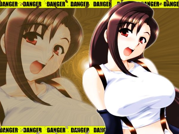 Anime picture 1280x960 with breasts open mouth light erotic smile red eyes brown hair very long hair midriff huge breasts girl detached sleeves