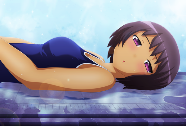 Anime picture 2500x1696 with kami nomi zo shiru sekai dokuro (watchman) von-cx (van-dinex) single blush highres short hair black hair lying pink eyes :o coloring girl swimsuit