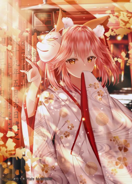 Anime picture 2883x4000 with fate (series) fate/extra tamamo (fate) (all) tamamo no mae (fate) junpaku karen single tall image looking at viewer blush fringe highres short hair hair between eyes standing brown eyes signed animal ears payot pink hair tail