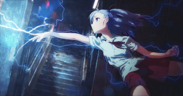 Anime picture 1920x1013 with original soe single long hair fringe highres blue eyes wide image standing blue hair looking away indoors profile two side up floating hair outstretched arm magic standing on one leg lightning girl