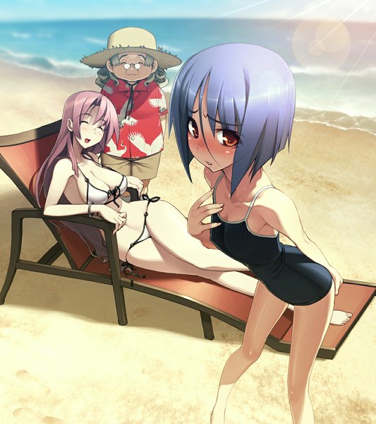 Anime picture 1024x1152 with full metal daemon muramasa nitroplus ayane ichijou ootori kanae nagakura sayo tall image blush short hair breasts open mouth light erotic smile blue hair cleavage eyes closed barefoot from above grey hair sunlight orange eyes