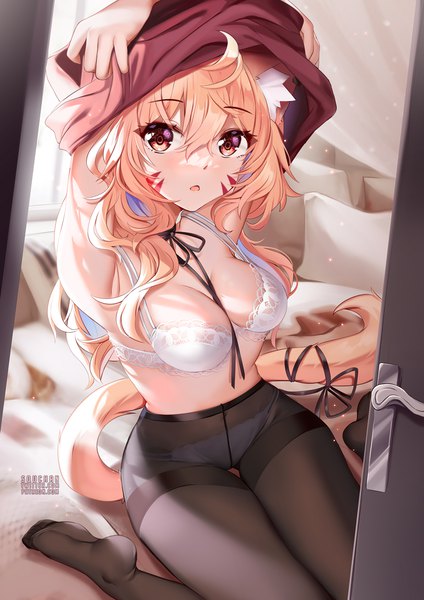 Anime picture 884x1250 with virtual youtuber indie virtual youtuber shyrei faolan squchan single long hair tall image looking at viewer blush fringe breasts open mouth light erotic blonde hair hair between eyes red eyes large breasts sitting signed animal ears