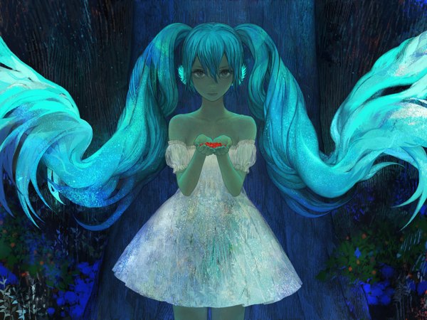 Anime picture 1600x1200 with vocaloid those degrading the name of god (vocaloid) hatsune miku matayoshi single long hair looking at viewer fringe twintails bare shoulders blue hair very long hair aqua eyes aqua hair grey eyes dark skin girl dress plant (plants) tree (trees)