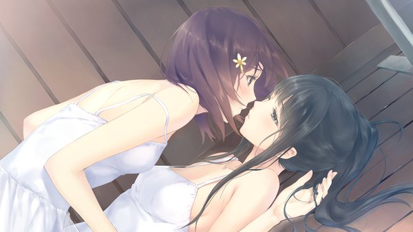 Anime picture 1280x720 with flowers (innocent grey) innocent grey shirahane suou kousaka mayuri long hair blush short hair light erotic black hair brown hair wide image multiple girls game cg black eyes shoujo ai almost kiss girl hair ornament 2 girls