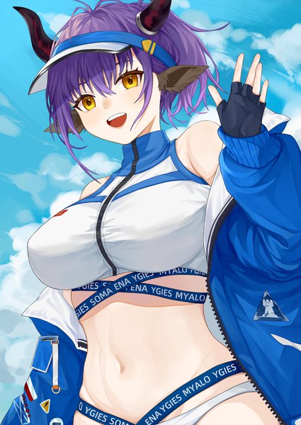 Anime picture 1075x1517 with arknights sideroca (arknights) sideroca (light breeze) (arknights) yowza single tall image fringe short hair breasts open mouth light erotic hair between eyes large breasts animal ears yellow eyes sky purple hair cloud (clouds) :d horn (horns)