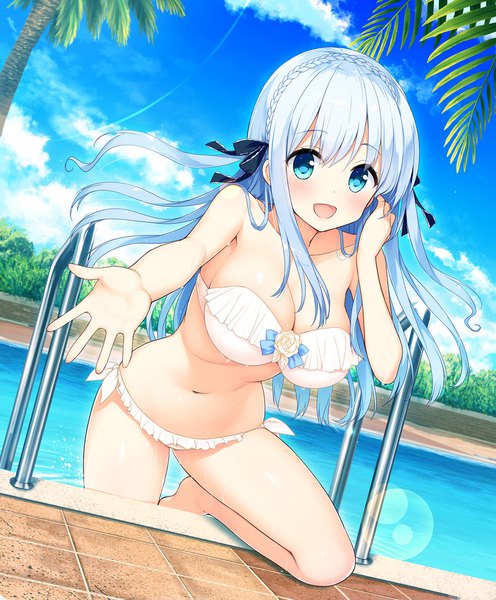Anime picture 1600x1935 with kimi no hitomi ni hit me giga kirihara hotori hisama kumako single long hair tall image looking at viewer blush breasts open mouth light erotic smile large breasts blue hair sky cleavage cloud (clouds) bent knee (knees) outdoors