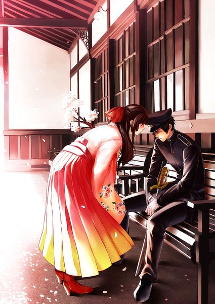 Anime picture 1007x1422 with original sakuryuugai (artist) long hair tall image short hair black hair brown hair sitting eyes closed long sleeves traditional clothes high heels girl boy weapon petals sword building (buildings) peaked cap bench