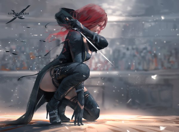 Anime picture 1550x1145 with ghost blade lenia wlop single long hair light erotic red eyes holding looking away full body bent knee (knees) red hair profile wind blurry realistic high heels copyright name watermark squat