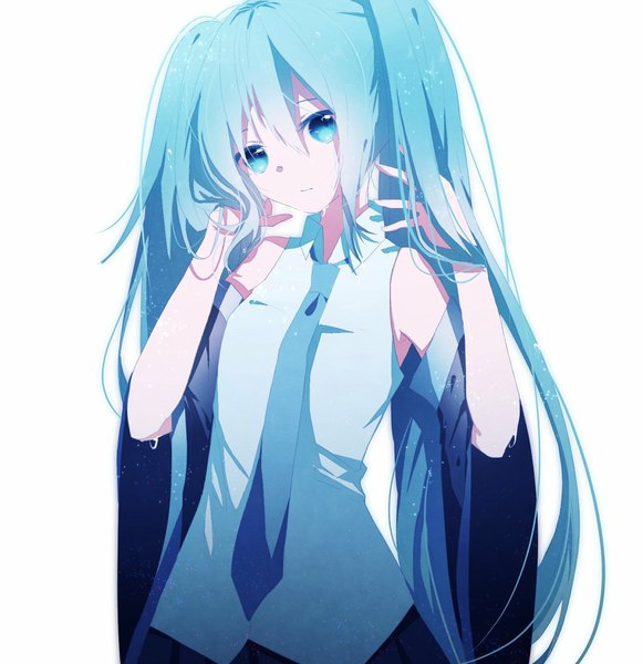 Anime picture 1452x1500 with vocaloid hatsune miku umeko 208 single long hair tall image looking at viewer fringe simple background hair between eyes white background twintails upper body aqua eyes aqua hair adjusting hair girl detached sleeves necktie