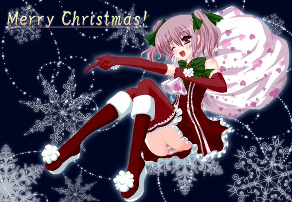 Anime picture 1300x900 with yuzuno ha (artist) single short hair open mouth light erotic pink hair one eye closed pink eyes wink pantyshot christmas girl thighhighs gloves underwear panties bow elbow gloves boots