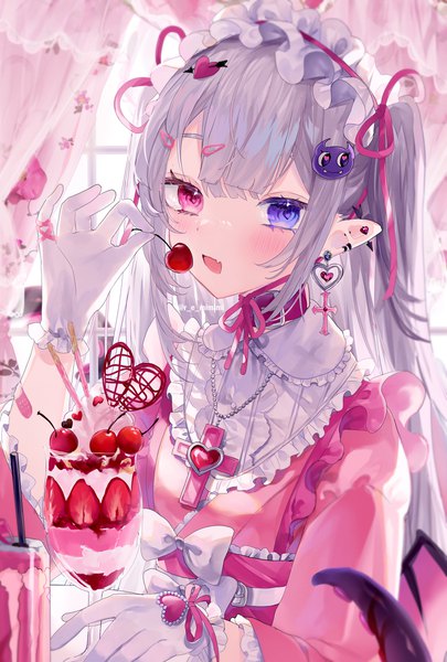 Anime picture 900x1332 with original remimim single long hair tall image looking at viewer blush fringe open mouth blue eyes hair between eyes signed payot silver hair upper body indoors pink eyes pointy ears twitter username heterochromia