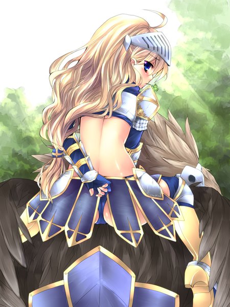 Anime picture 750x1000 with ragnarok online royal guard (ragnarok online) sorai shin'ya single tall image looking at viewer blush blue eyes light erotic blonde hair ahoge profile looking back sunlight embarrassed shiny skin wavy hair bare back covering riding