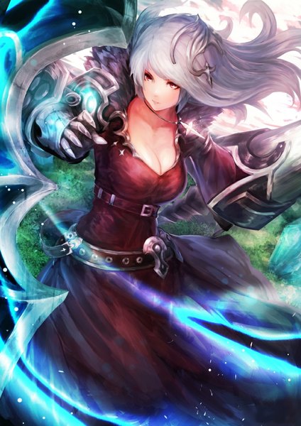 Anime picture 818x1158 with original pixiv fantasia pixiv fantasia new world yaoya musuko single long hair tall image breasts red eyes cleavage silver hair pink eyes torn clothes glowing eyeshadow makeup girl dress hair ornament cross