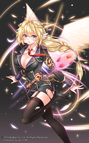 Anime picture 1500x2411 with soccer spirits serin199 single long hair tall image looking at viewer blush fringe breasts blue eyes light erotic simple background blonde hair hair between eyes standing cleavage ahoge braid (braids) sparkle torn clothes