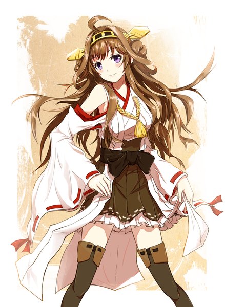 Anime picture 2479x3386 with kantai collection kongou battleship bae.c single long hair tall image looking at viewer blush highres brown hair purple eyes ahoge traditional clothes japanese clothes nontraditional miko girl skirt bow miniskirt frills