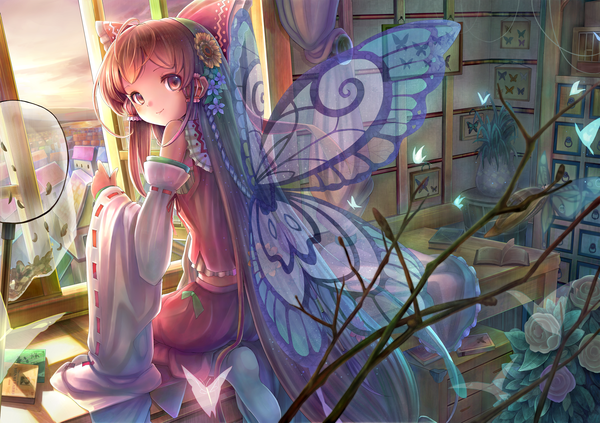 Anime picture 2443x1725 with touhou hakurei reimu santouhei single long hair highres red eyes brown hair looking back miko insect wings butterfly wings girl flower (flowers) bow hair bow detached sleeves window insect butterfly