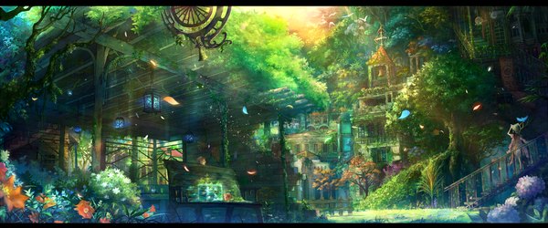 Anime picture 1800x750 with original yatsude highres wide image letterboxed landscape scenic nature girl flower (flowers) plant (plants) hat animal petals tree (trees) bird (birds) bell lantern lamp house