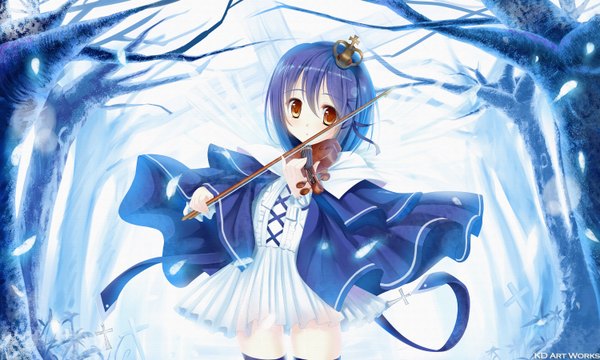 Anime picture 3000x1800 with pause dhiea seville caidychen single looking at viewer blush highres short hair wide image brown eyes blue hair inscription orange eyes girl dress ribbon (ribbons) plant (plants) hair ribbon petals tree (trees)